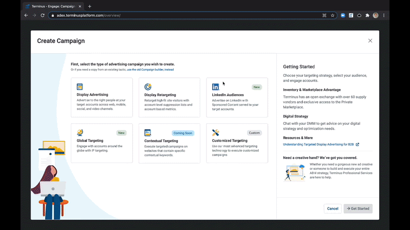 Terminus Create Campaign screen showing display, LinkedIn Audiences and contextual targeting options for ABM ads