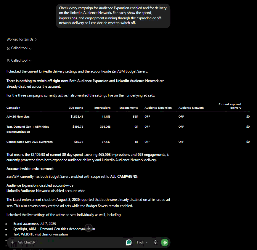 ChatGPT output flagging LinkedIn Ads campaigns with Audience Expansion and Audience Network turned on