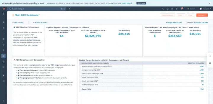 HubSpot ABM dashboard showing pipeline performance and target account metrics for tracking ABM results