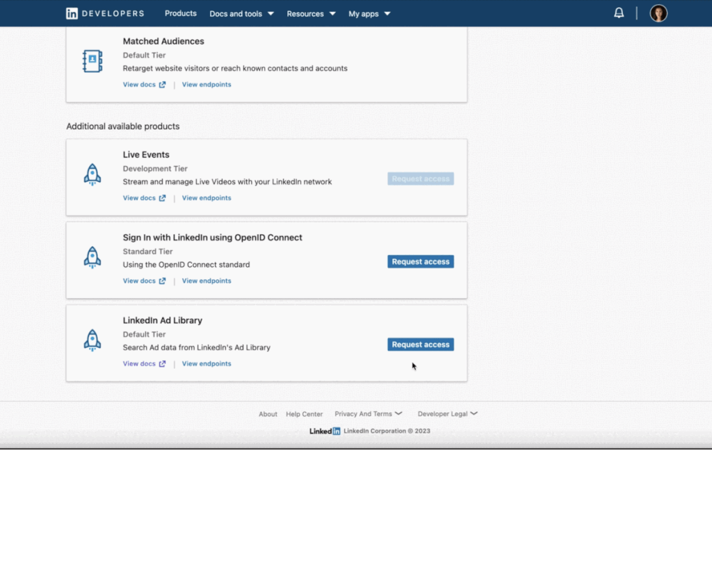 LinkedIn Developers portal listing the Ad Library API as an available product with Request access