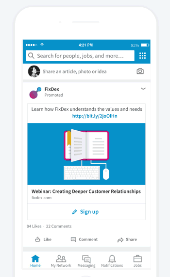 LinkedIn mobile feed showing a promoted webinar ad with a Sign up button that opens a lead gen form