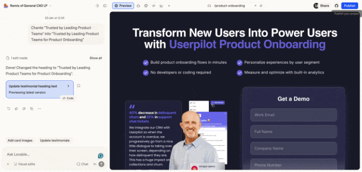 Userpilot product onboarding landing page template with a headline, bullet benefits and a demo request form