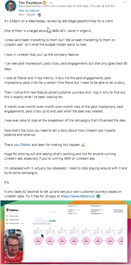 Fibbler customer journeys screenshot beside a Tim Davidson LinkedIn post on proving LinkedIn Ads impact