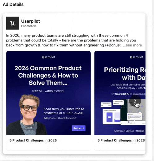 Userpilot LinkedIn carousel ad with swipeable cards on 2026 product challenges for B2B teams