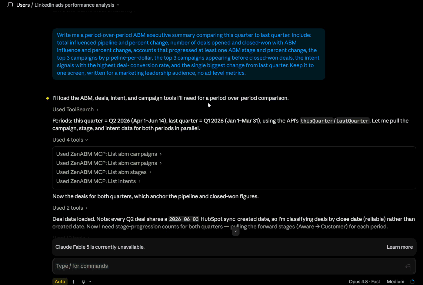Claude Code terminal using the ZenABM MCP server to pull an executive summary of ABM pipeline data