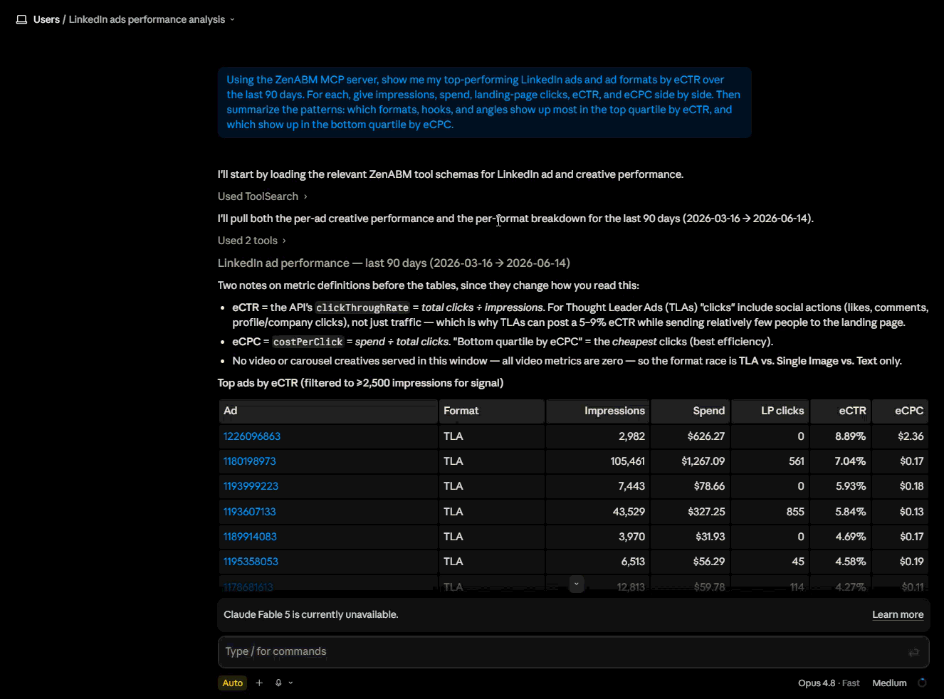 AI chat using the ZenABM MCP server to pull LinkedIn ad performance data into a table for new ad copy