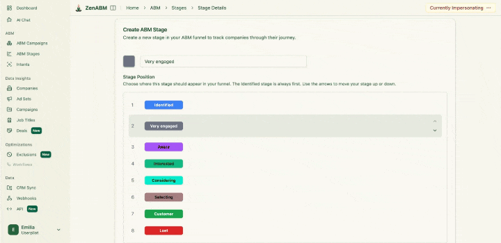 ZenABM account stage editor adding a custom "Very engaged" stage to customize the ABM funnel