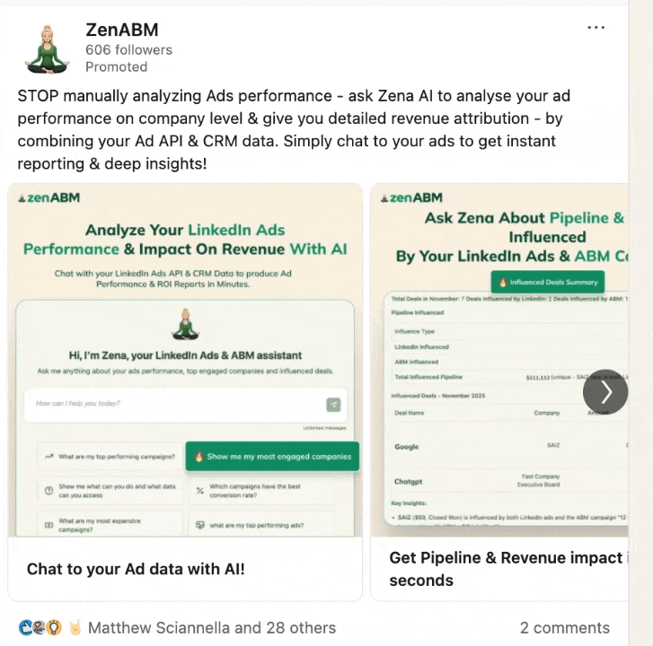 ZenABM LinkedIn carousel ad with two cards previewing Zena AI for ad performance and revenue attribution