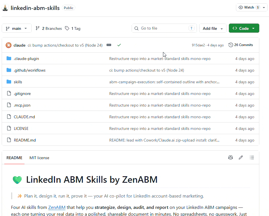 GitHub repo for ZenABM's LinkedIn ABM Skills package with four AI skills for campaign strategy and reporting