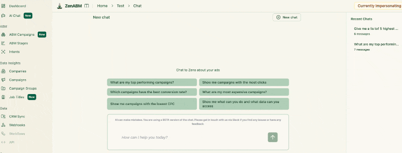 ZenABM's Zena chatbot answering LinkedIn ads questions like top performing campaigns and account engagement