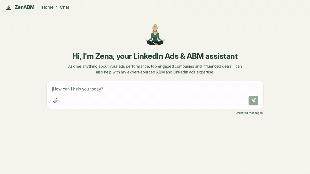 ZenABM's Zena AI chat assistant in the app, ready to answer LinkedIn Ads and ABM questions